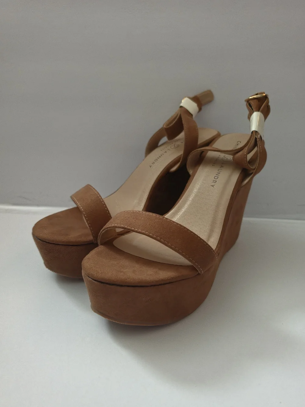 Chinese Laundry Women's Ellina Platform Wedges in tan suede.